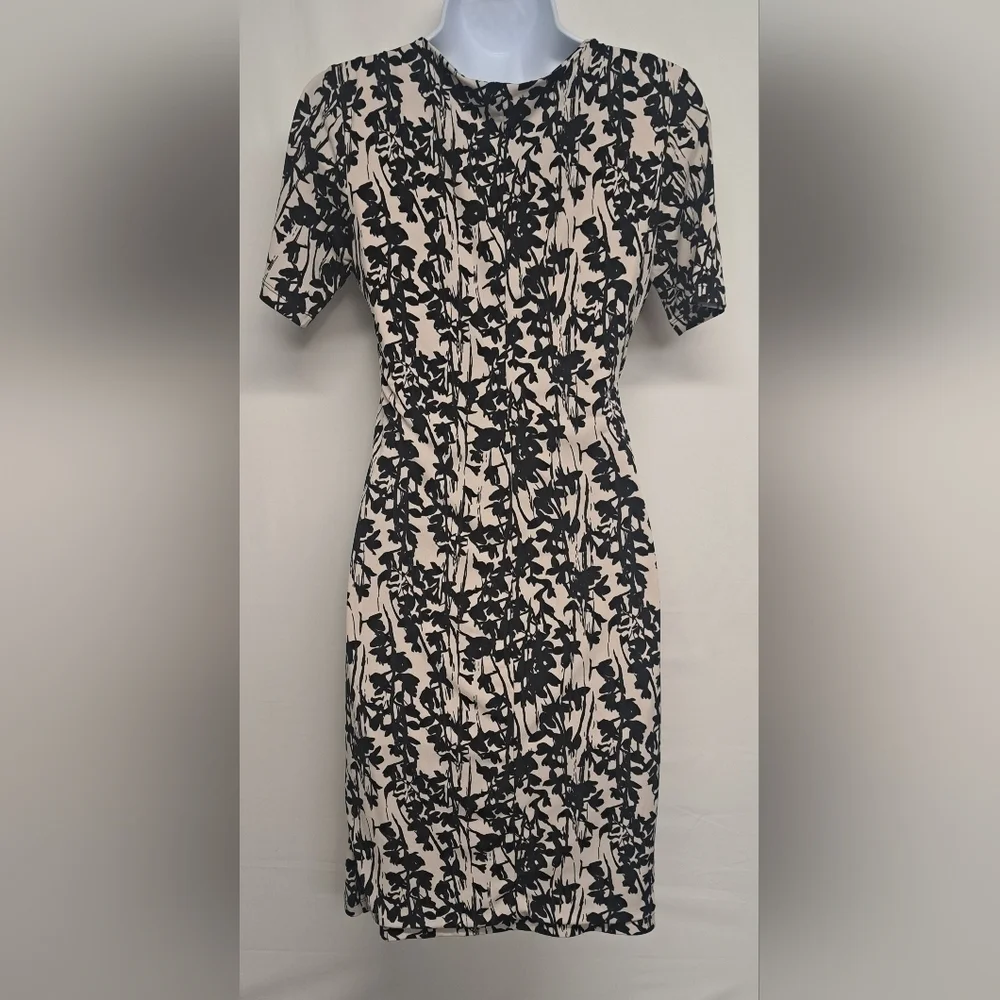 H&M S Slinky Stretch Knit Dress Gathered Ruched Black Ivory Floral Short Sleeve